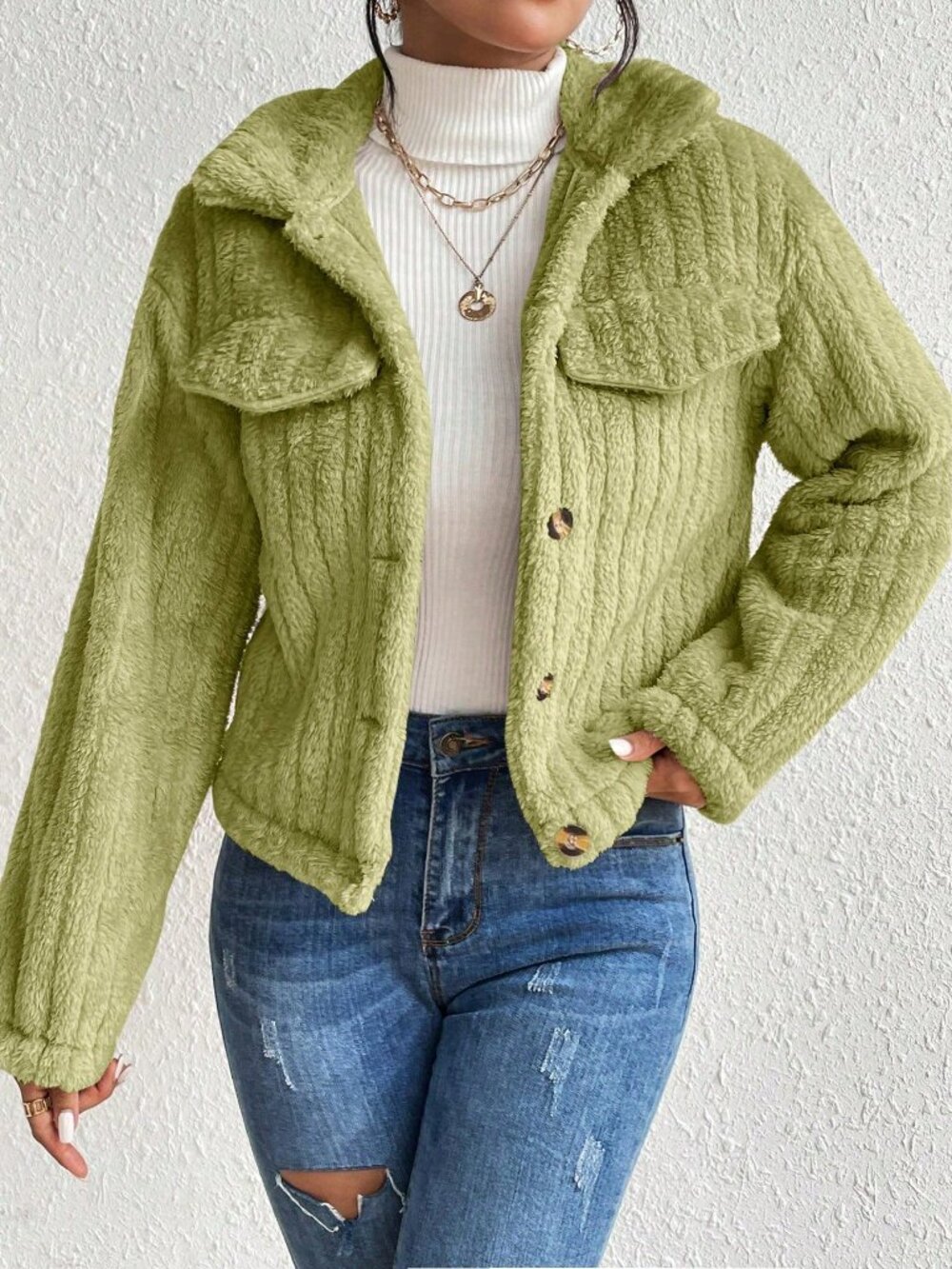 Mint Green Casual Women's Minimalist Fluffy Jacket - Picture 6 of 7